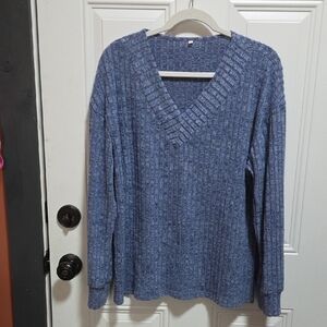 Women Blue V-Neck Ribbed Sweater Xl